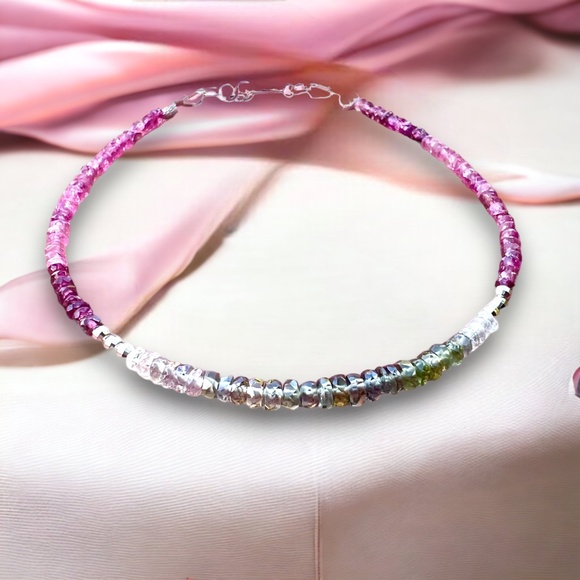 Handmade Solid 14K White Gold Natural Green Sapphire, Pink Tourmaline Bracelet - Picture 3 of 7